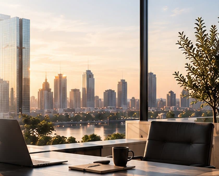 Office with a city view at sunset